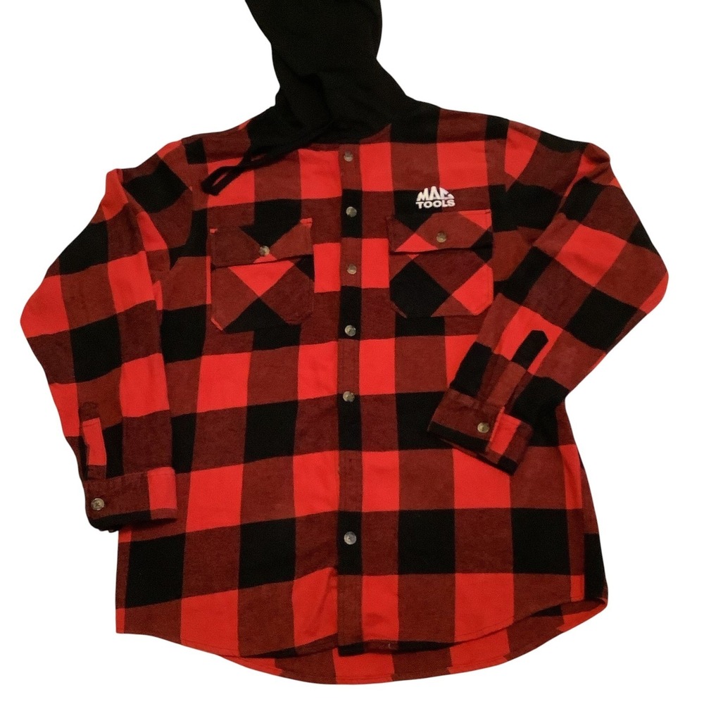Mac Tools Mens Red Black Buffalo Plaid Hooded Flannel Shirt Large RN 87359